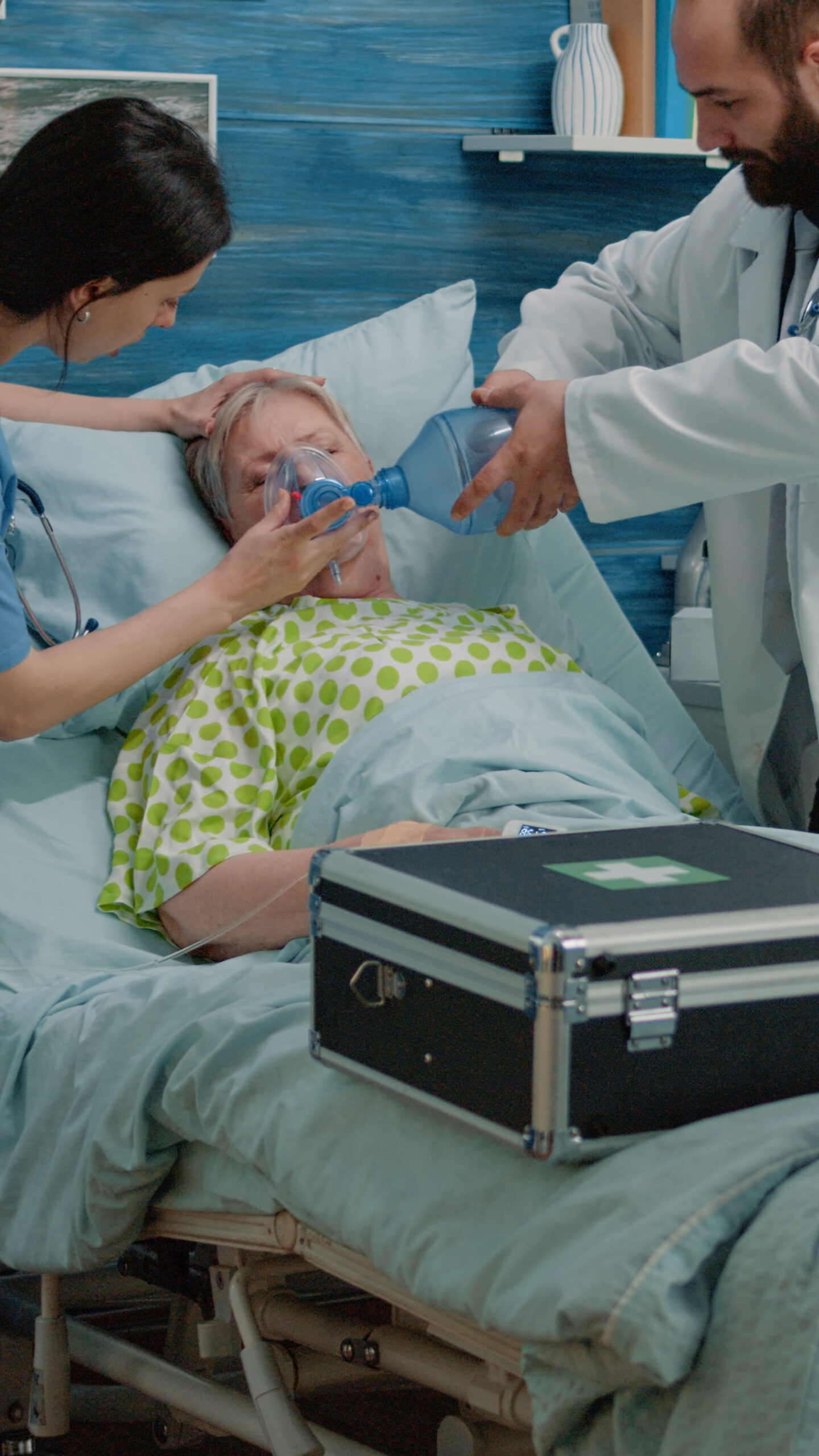 doctor nurse using oxygen tube resuscitation with heart rate monitor nursing home medical team helping retired woman with iv drip bag hospital bed specialists giving support scaled